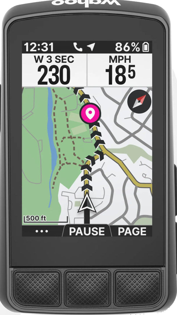 Wahoo GPS device displaying a map with navigation details