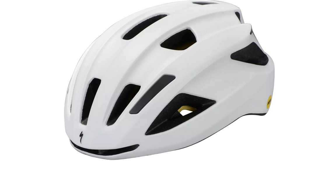 White bicycle helmet with black accents on a white background