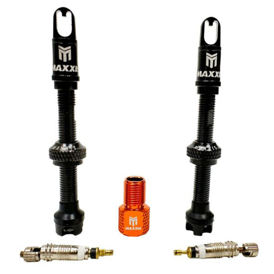 MAXXIS MaxxOut Tubeless Valves - 50mm Presta - Alloy Tool Caps, Spare Cores and Presta to Schrader Adaptor
