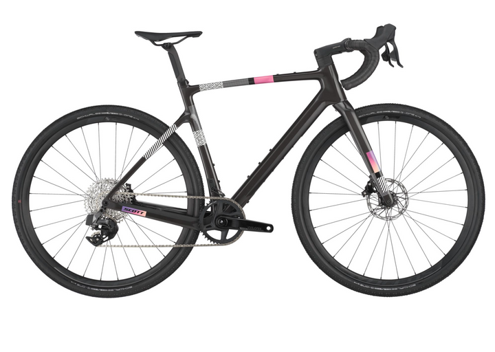 A black SCOTT Addict Gravel 30 carbon fiber bicycle with hydraulic disc brakes and tubeless tires.