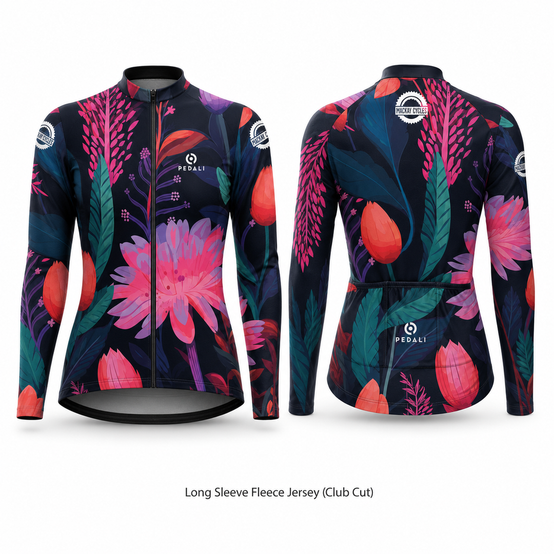 Mackay Cycles Flower Jersey — Long Sleeve Fleece Jersey (Club Cut), custom Pedali-made cycling kit with pink and teal floral print on navy