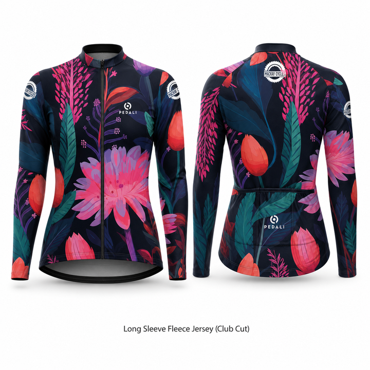 Mackay Cycles Flower Jersey — Long Sleeve Fleece Jersey (Club Cut), custom Pedali-made cycling kit with pink and teal floral print on navy
