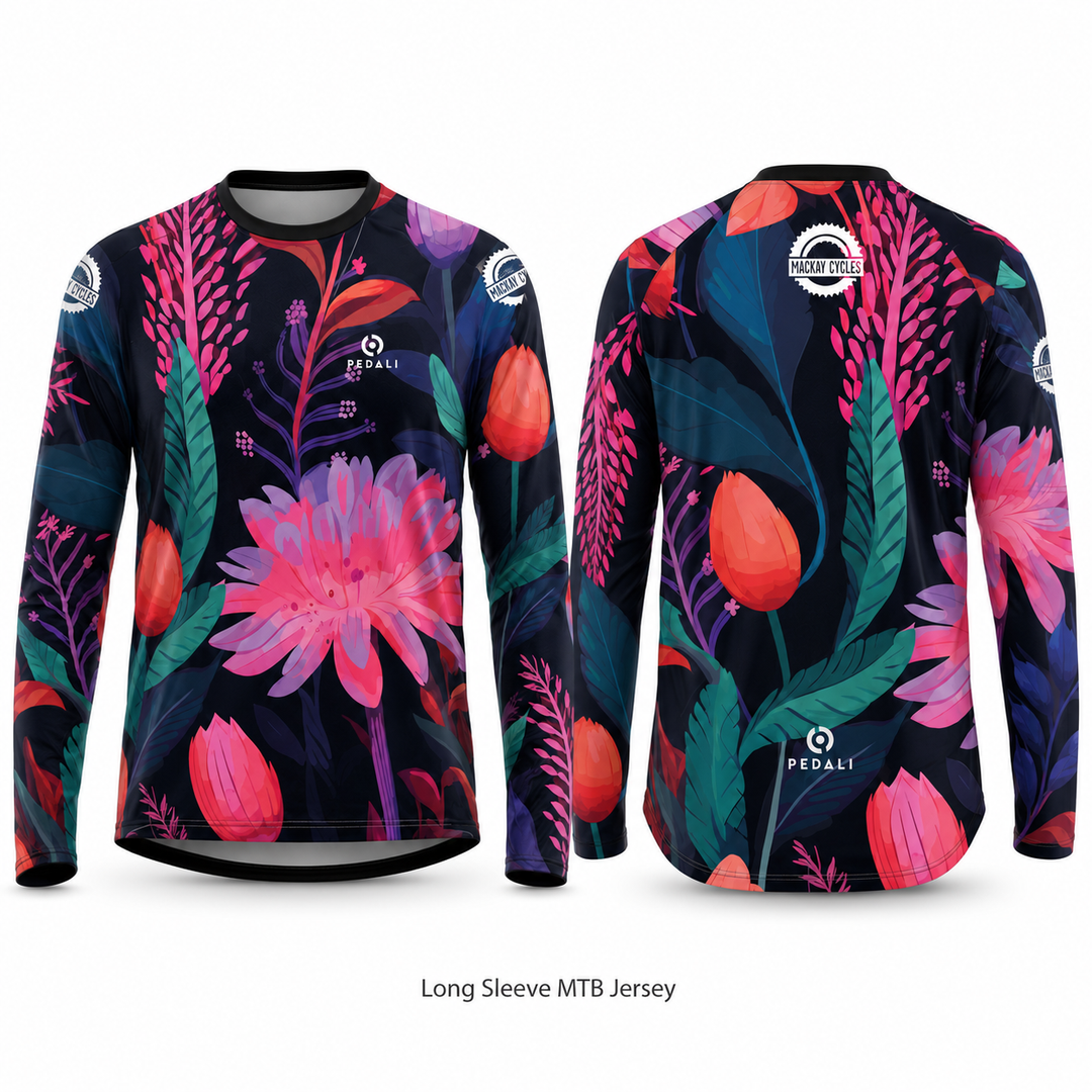 Mackay Cycles Flower Jersey — Long Sleeve MTB Jersey, custom Pedali-made cycling kit with pink and teal floral print on navy