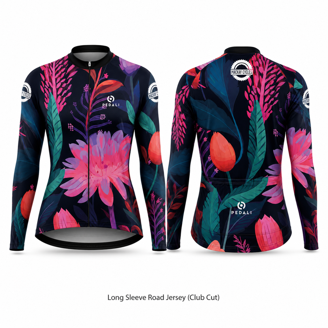 Mackay Cycles Flower Jersey — Long Sleeve Road Jersey (Club Cut), custom Pedali-made cycling kit with pink and teal floral print on navy