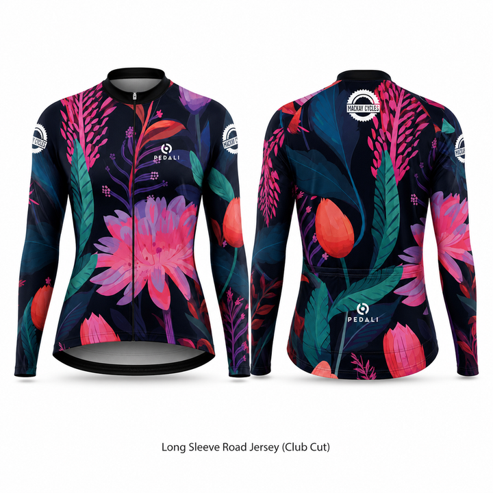 Mackay Cycles Flower Jersey — Long Sleeve Road Jersey (Club Cut), custom Pedali-made cycling kit with pink and teal floral print on navy