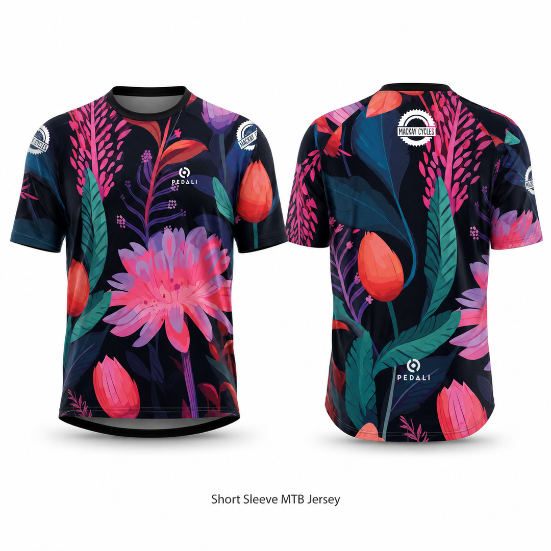 Mackay Cycles Flower Jersey — Short Sleeve MTB Jersey, custom Pedali-made cycling kit with pink and teal floral print on navy