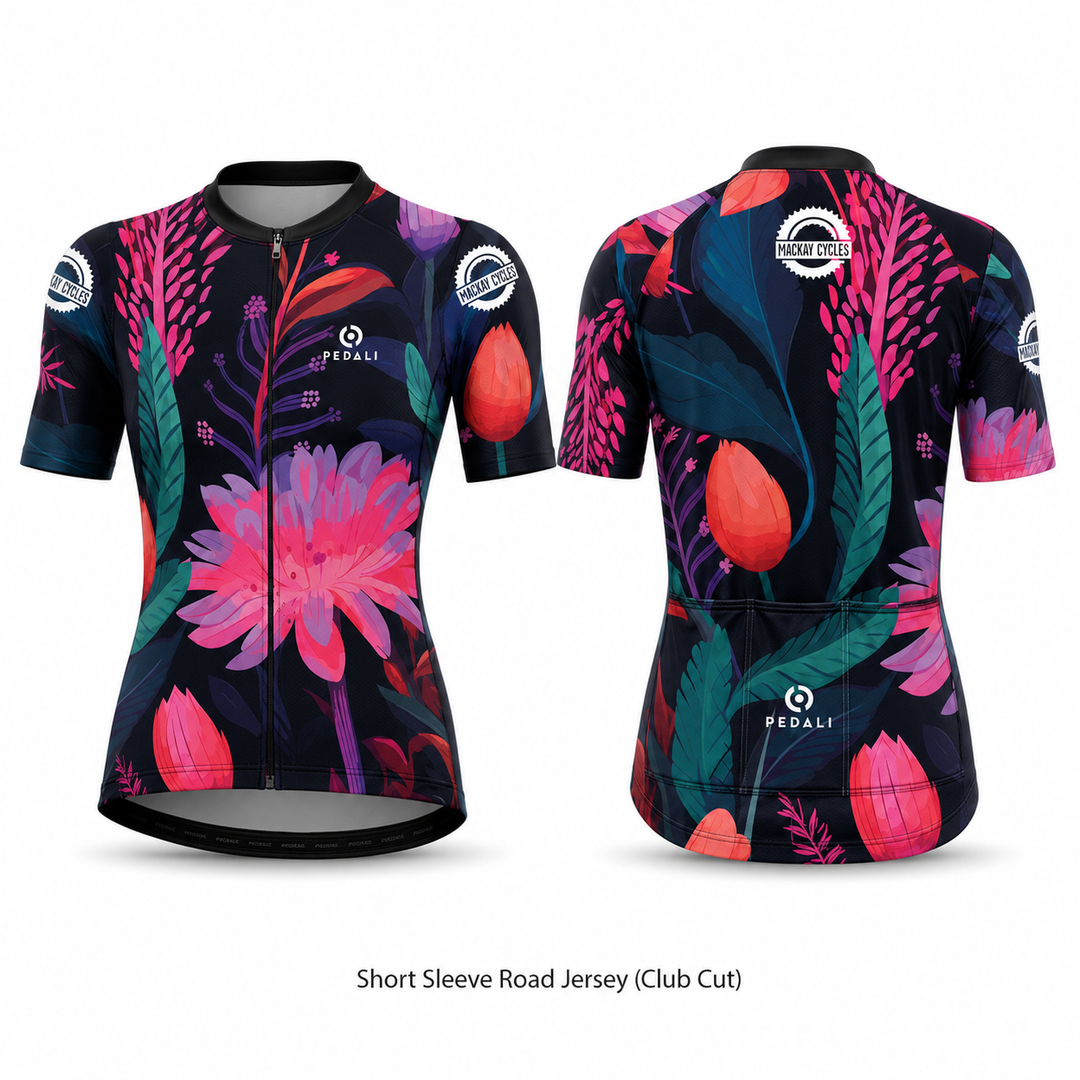 Mackay Cycles Flower Jersey — Short Sleeve Road Jersey (Club Cut), custom Pedali-made cycling kit with pink and teal floral print on navy