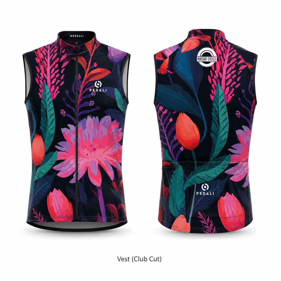 Mackay Cycles Flower Jersey — Vest (Club Cut), custom Pedali-made sleeveless cycling kit with pink and teal floral print on navy